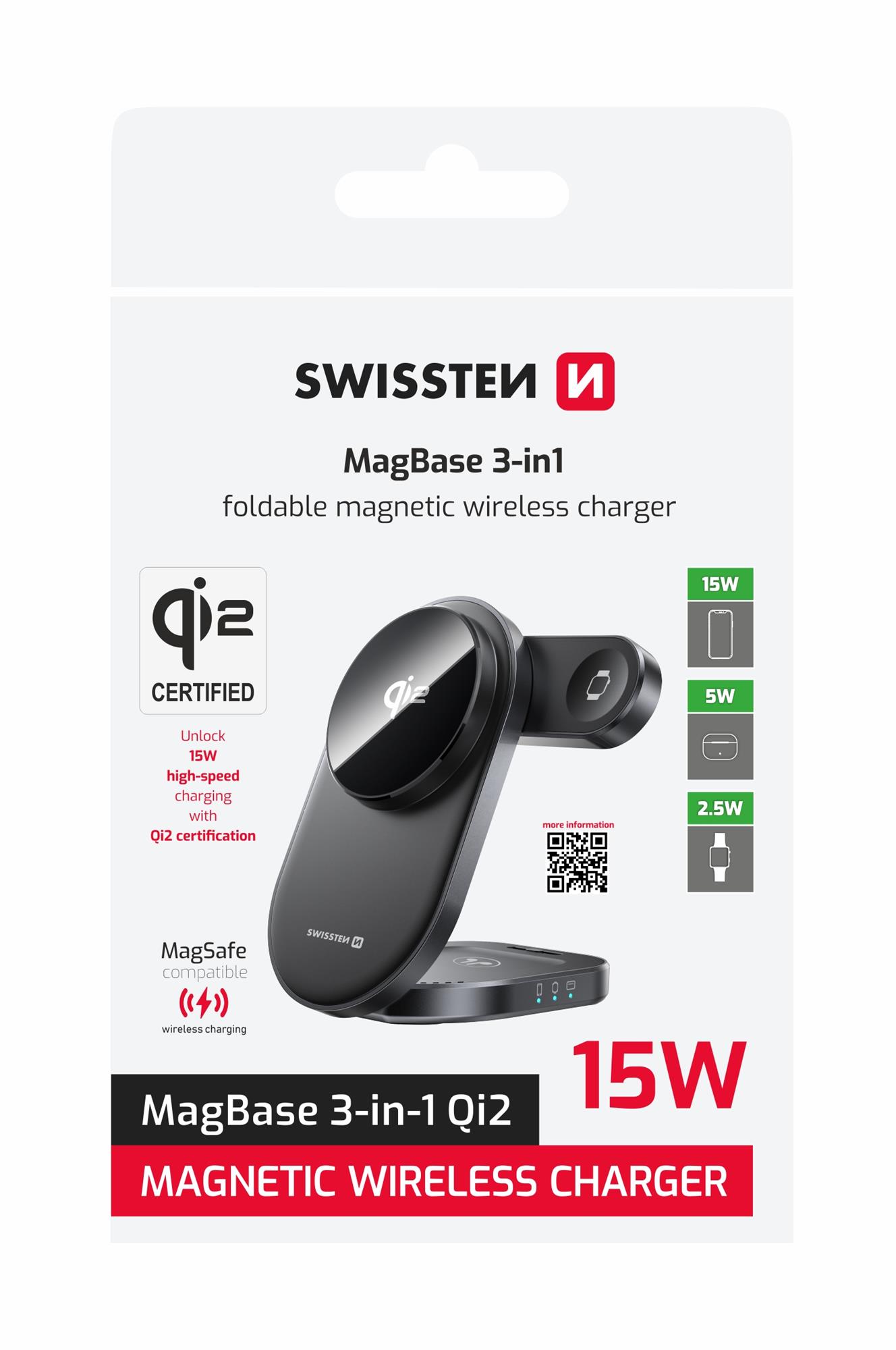 Swissten bezdrátová nabíječka MagBase 3v1, černá