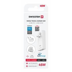 Swissten Cestovní adaptér GaN USB-C + USB-A 45W výměnné vidlice (US, EU, UK), bílý