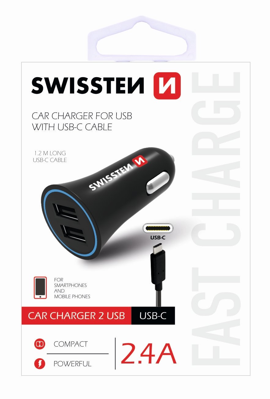 SWISSTEN CL USB auto adaptér 2xUSB 2,4A, kábel USB-C, čierny 20110908
