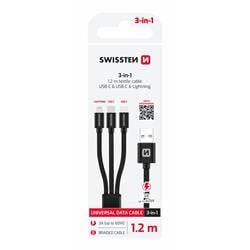 Swissten Datový kabel Textile 3in1 1,2m (Lightning, 2x USB-C), černý