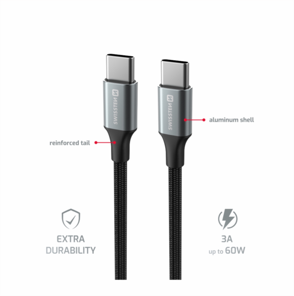 SWISSTEN DÁTOVÝ KÁBEL TEXTILE II USB-C / USB-C 1,5 M ČIERNY
