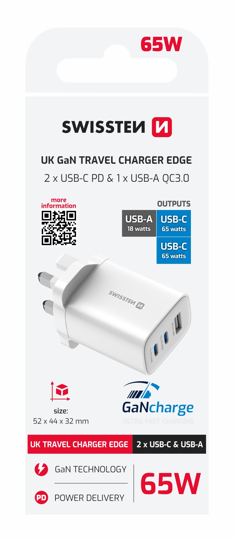 Swissten Edge GaN síťový adaptér 65 W, bílý (UK)