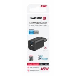 Swissten GaN adaptér 45W + USB-A, černý  