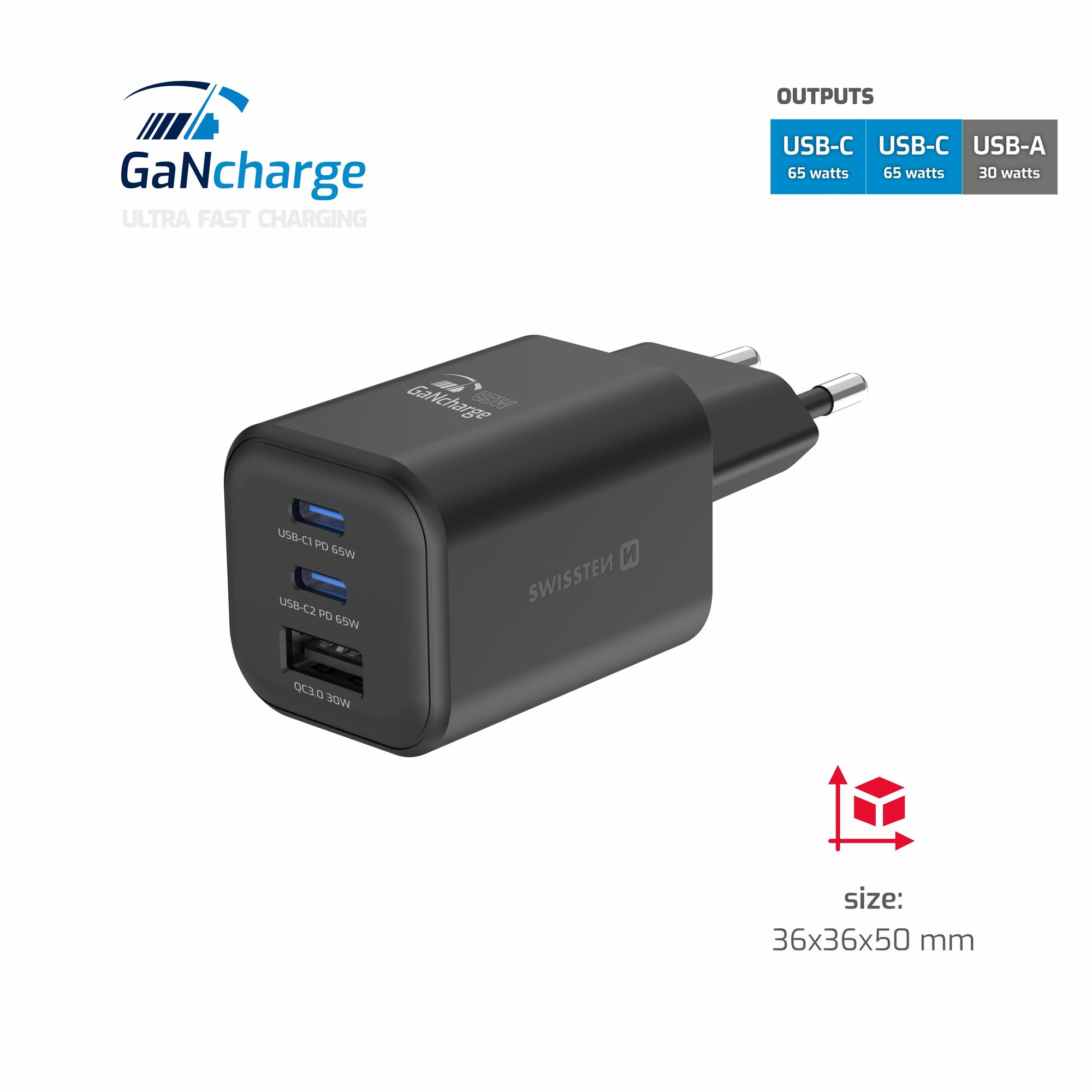 Swissten GaN adaptér 65 W (2× USB-C + USB-A), čierny