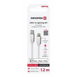 Swissten kabel Textile USB-C / Lightning MFi, stříbrný