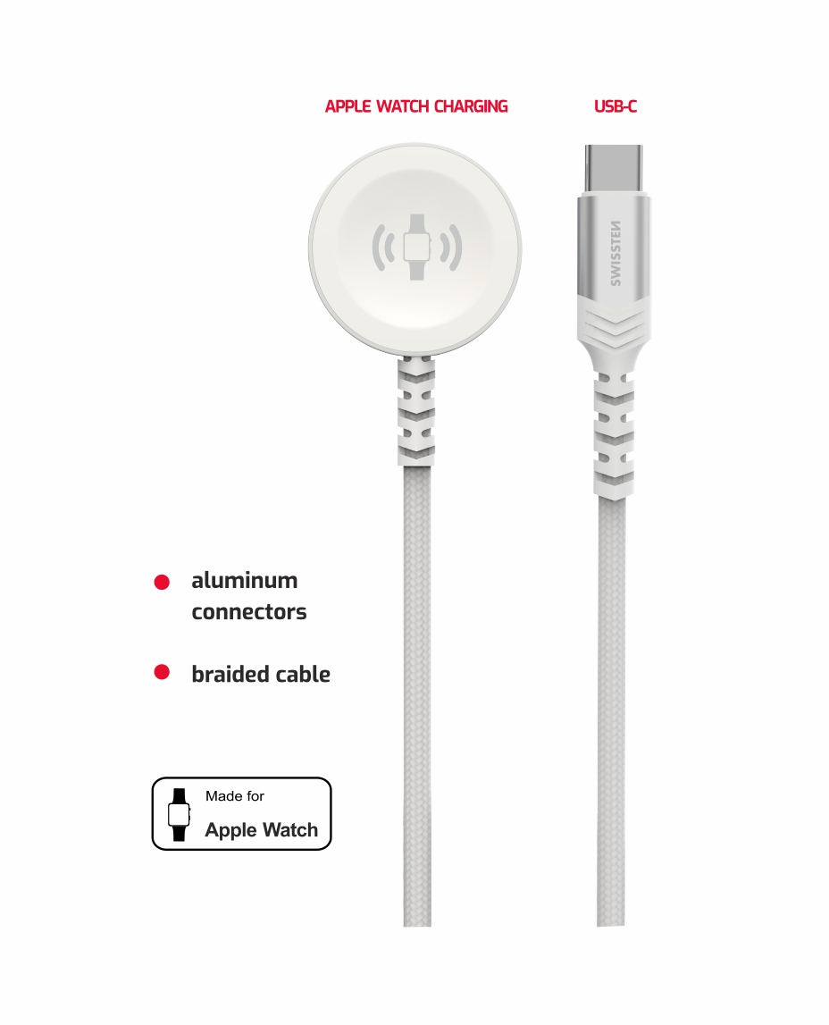 Swissten magnetický kabel pro Apple Watch, USB-C 1,2 m, bílý