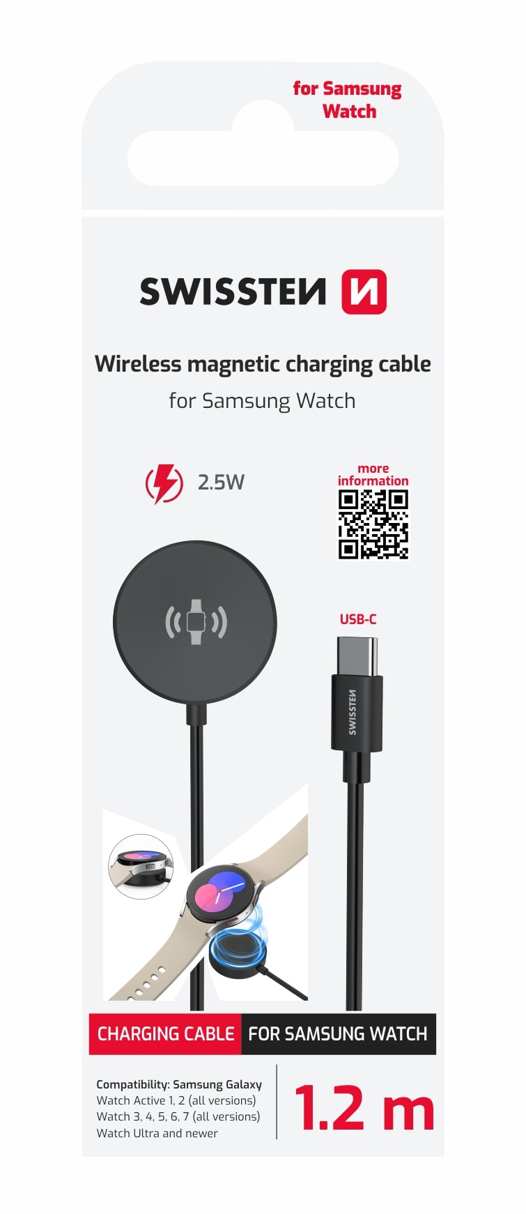 Swissten magnetický kabel pro Galaxy Watch, USB-C, 1,2m, černý