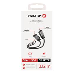 Swissten Nabíjecí audio adaptér Textile USB-C (samec) / 2× USB-C (samice) 0,12m, černý