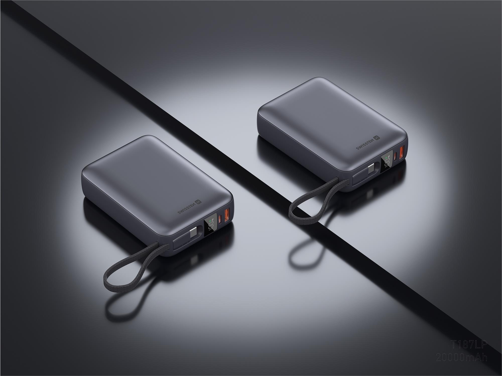 SWISSTEN POWER BANK 20000 mAh 45W S INTEGROVANÝM KABELEM USB-C VESMÍRNĚ STŘÍBRNÁ