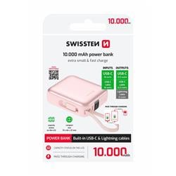 Swissten Power bank Space 10000mAh s integrovanými kabely USB-C a Lightning, růžová