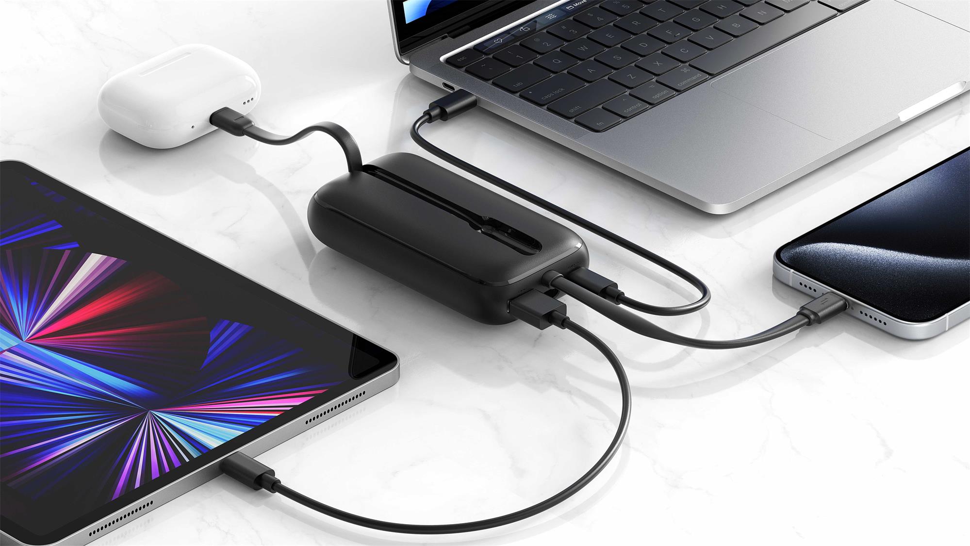 SWISSTEN POWER BANK VOLTBOX 35W 10000 mAh S INTEGROVANÝM USB-C A SVETELNÝMI KÁBLAMI ČIERNA