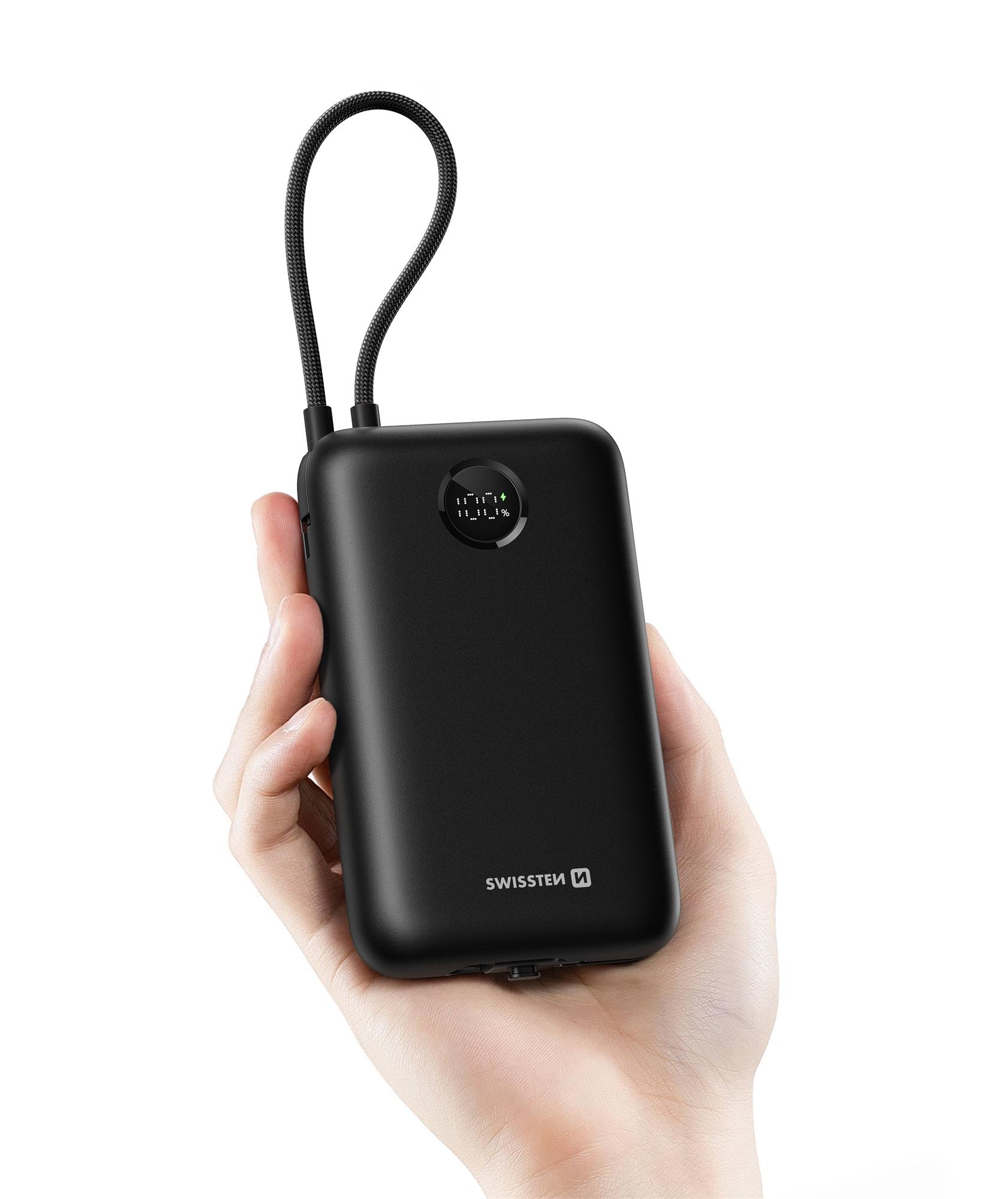 SWISSTEN POWER BANK VOLTBOX 35W 20000 mAh S INTEGROVANÝM USB-C A SVETELNÝMI KÁBLAMI ČIERNA