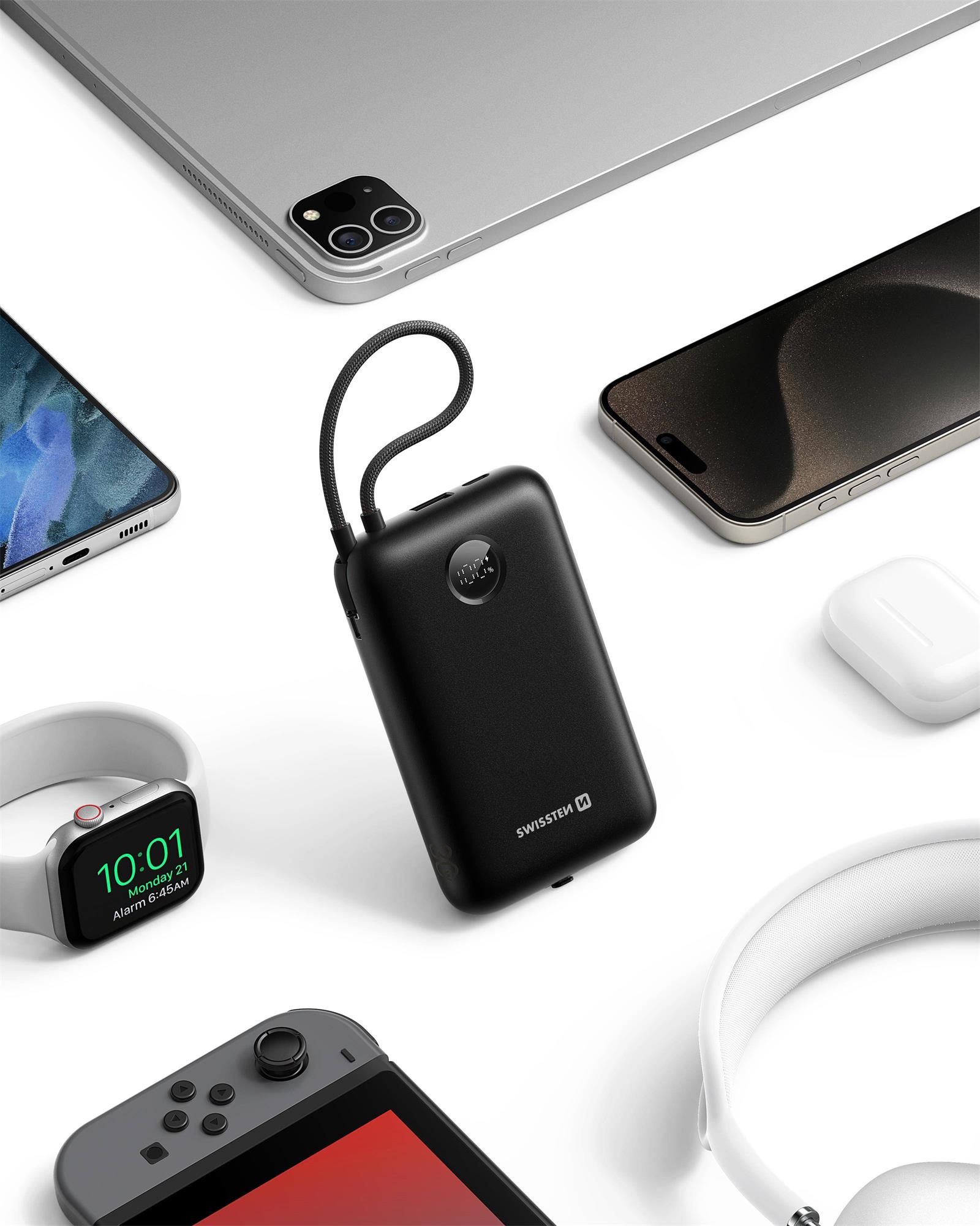SWISSTEN POWER BANK VOLTBOX 35W 30000 mAh S INTEGROVANÝM USB-C A SVETELNÝMI KÁBLAMI ČIERNA