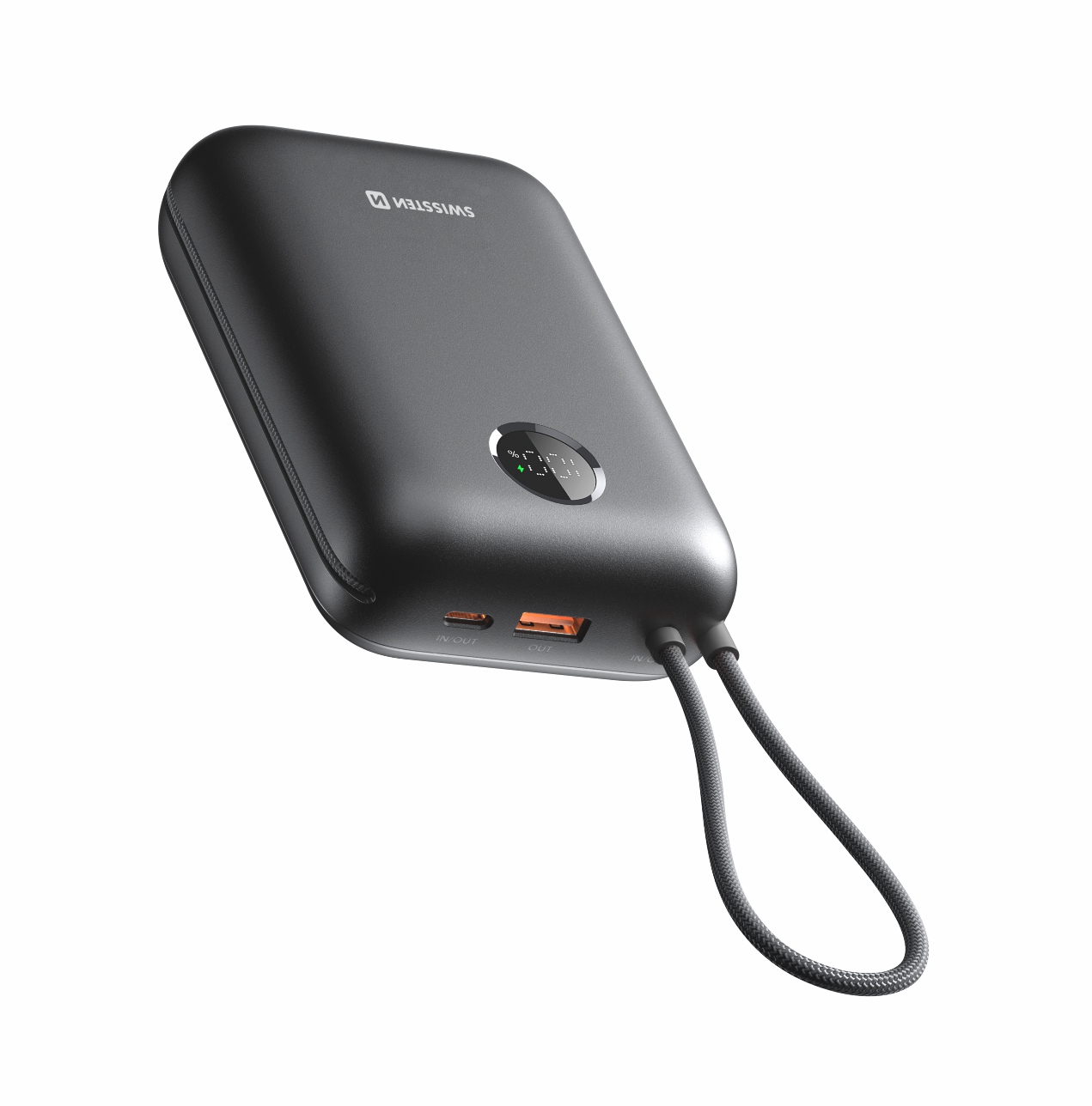 SWISSTEN POWER BANK VOLTBOX 35W 30000 mAh S INTEGROVANÝM USB-C A SVETELNÝMI KÁBLAMI ČIERNA