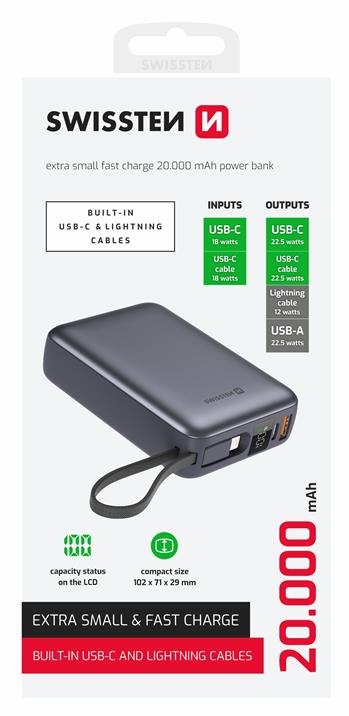 Swissten powerbanka 20000 mAh s kabely, stříbrná