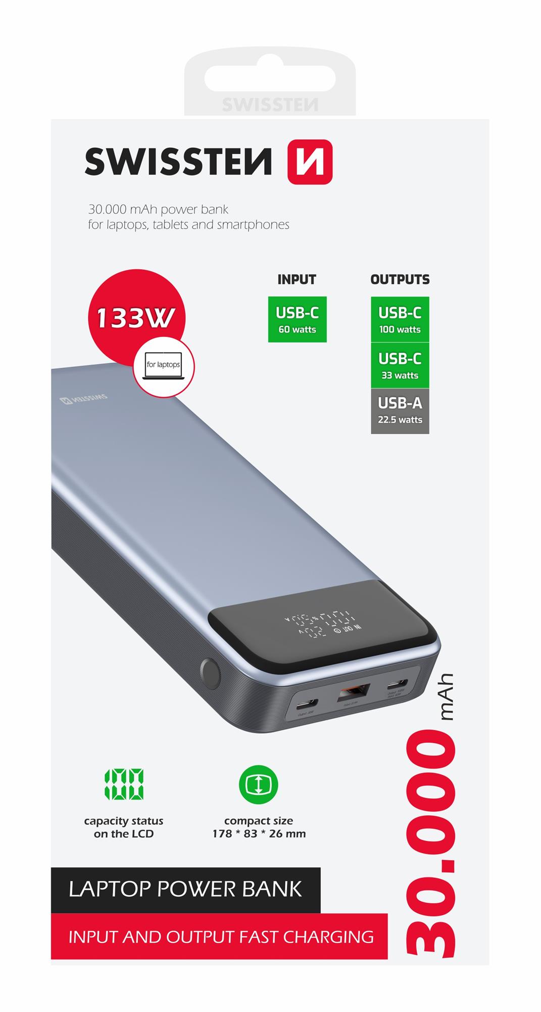 Swissten powerbanka notebook 30000 mAh, šedá