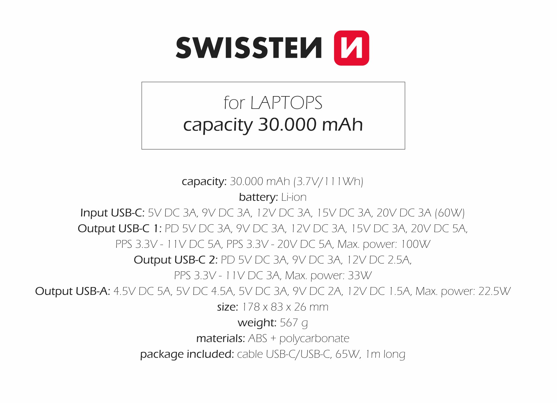 Swissten powerbanka notebook 30000 mAh, šedá