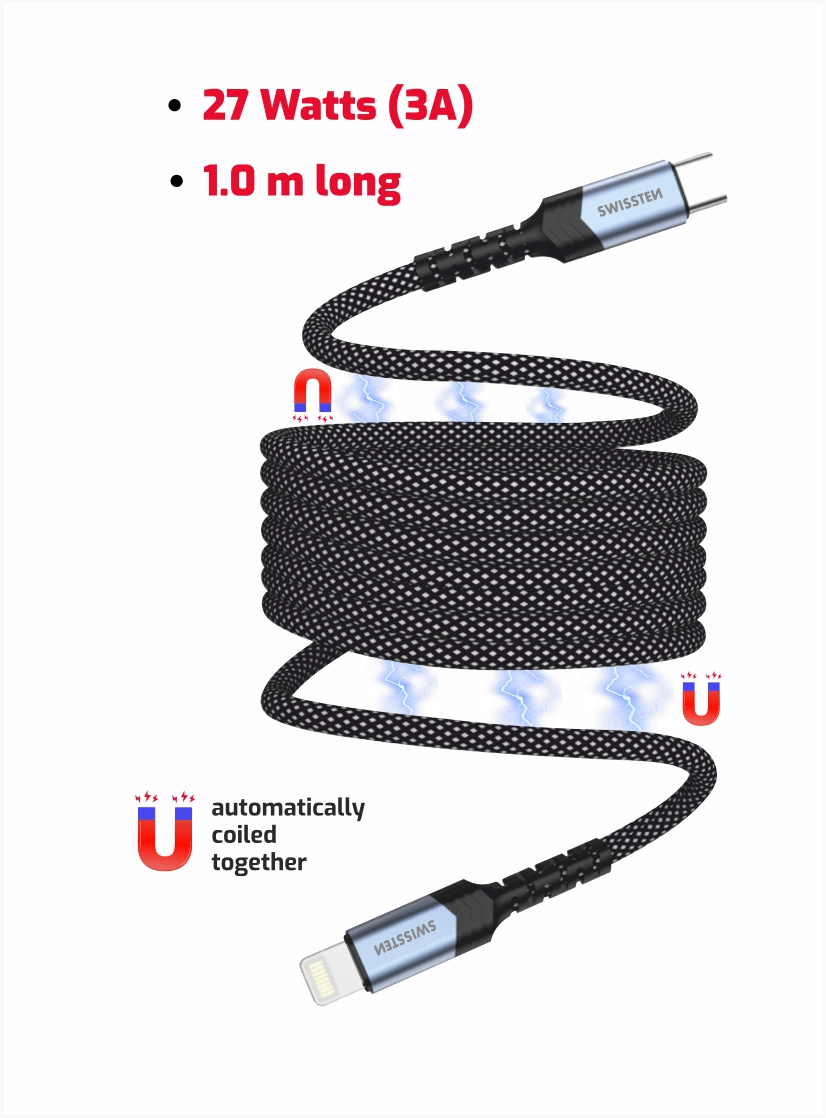 Swissten samonavíjecí magnetický kabel USB-C/Lightning 1m