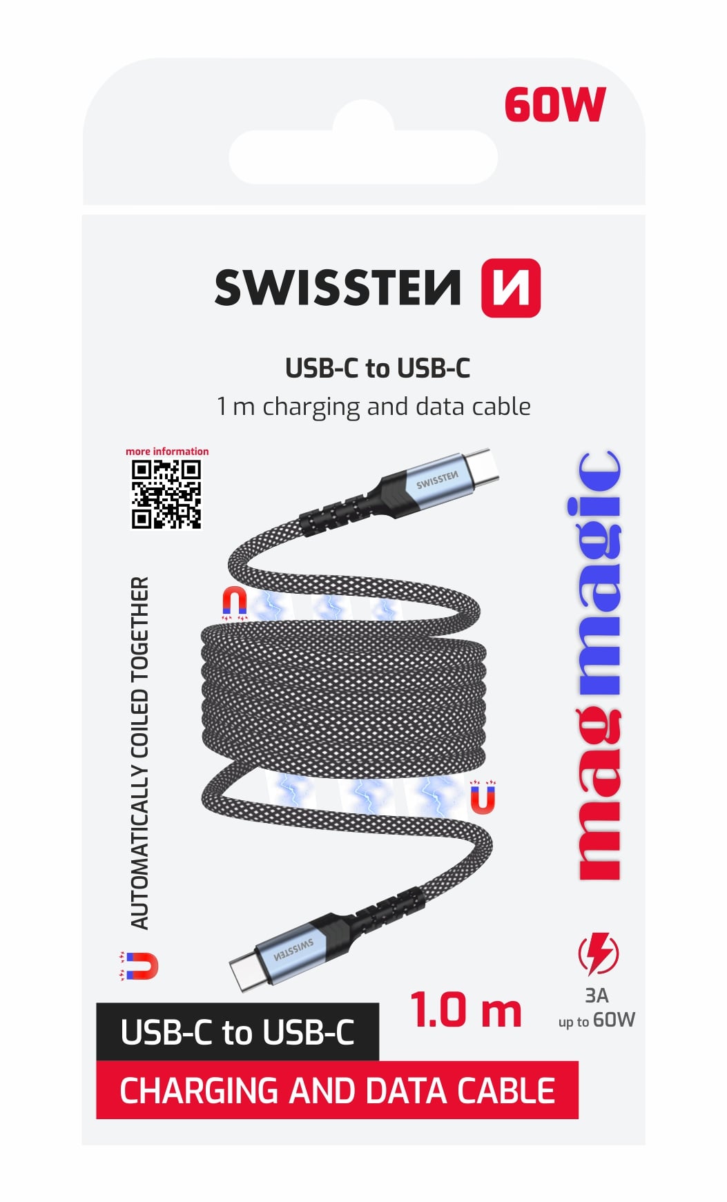 Swissten samonavíjecí magnetický kabel USB-C/USB-C 1m