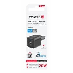 SWISSTEN SÍŤOVÝ ADAPTÉR GaN 1x USB-C 20W PD + 1x USB-A 18W QC ČERNÝ