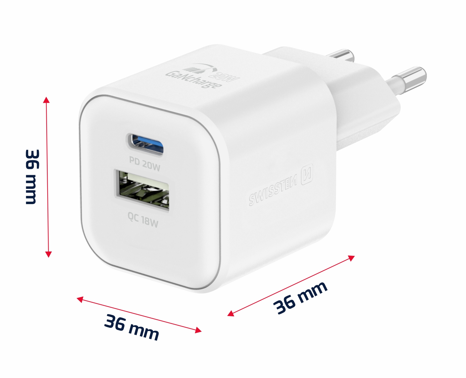SWISSTEN SÍŤOVÝ ADAPTÉR GaN 1x USB-C 20W PD A 1x USB-A 18W QC BÍLÝ