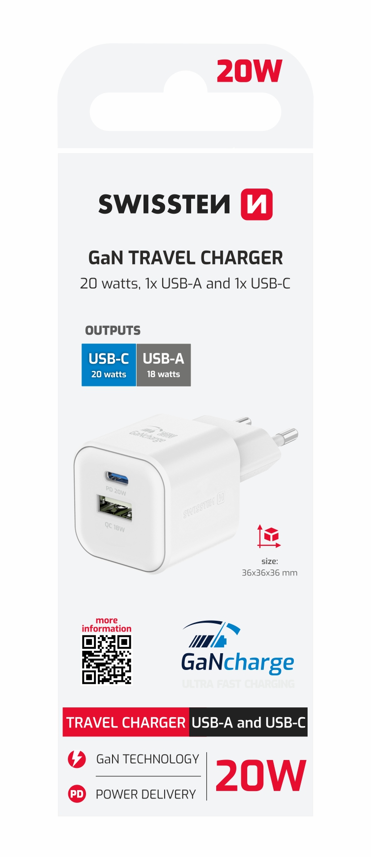 SWISSTEN SÍŤOVÝ ADAPTÉR GaN 1x USB-C 20W PD A 1x USB-A 18W QC BÍLÝ