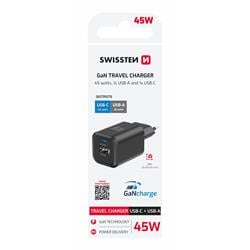 SWISSTEN SÍŤOVÝ ADAPTÉR GaN 1x USB-C 45W PD + 1x USB-A 18W QC ČERNÝ