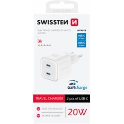 SWISSTEN SÍŤOVÝ ADAPTÉR GaN 2x USB-C 20W POWER DELIVERY BÍLÝ