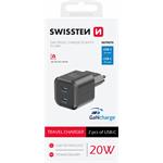 SWISSTEN SÍŤOVÝ ADAPTÉR GaN 2x USB-C 20W POWER DELIVERY ČERNÝ