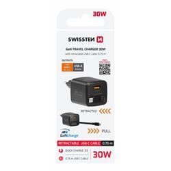 SWISSTEN SÍŤOVÝ ADAPTÉR SlideCHARGE GaN 30W, 1x USB-A 18W SE ZATAHOVACÍM USB-C KABELEM 0.75 M ČERNÝ