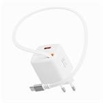 SWISSTEN SÍŤOVÝ ADAPTÉR SlideCHARGE GaN 45W, 1x USB-A 18W SE ZATAHOVACÍM USB-C KABELEM 0.75 M BÍLÝ