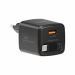 SWISSTEN SÍŤOVÝ ADAPTÉR SlideCHARGE GaN 45W, 1x USB-A 18W SE ZATAHOVACÍM USB-C KABELEM 0.75 M ČERNÝ
