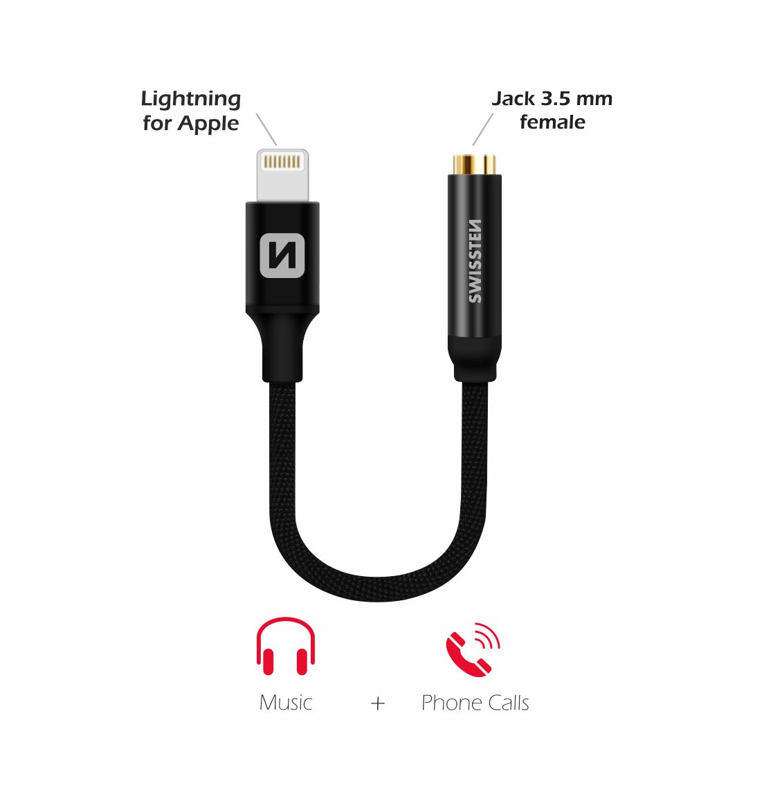 Swissten Textile audio adaptér Lightning/Jack 0,15 m, černý