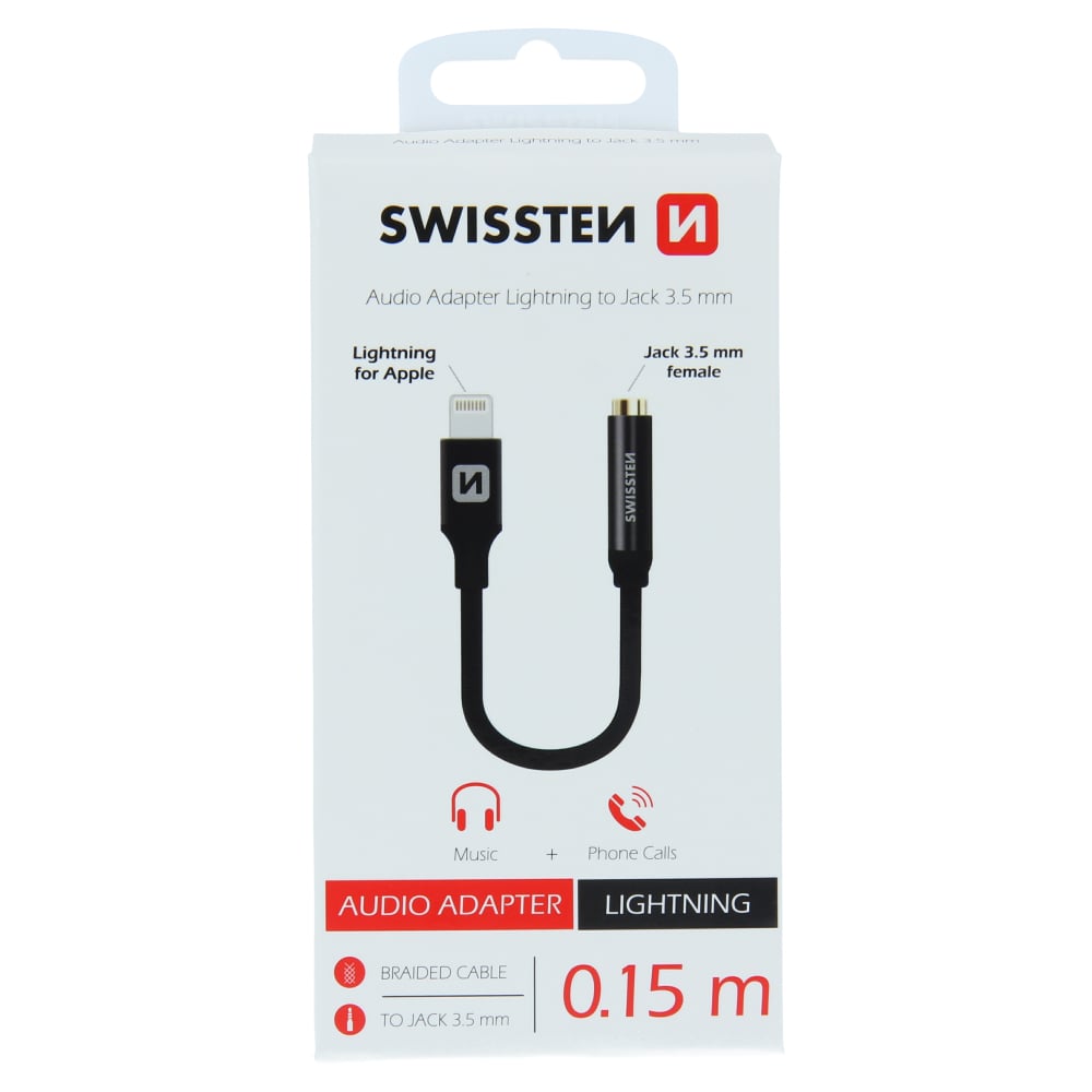 Swissten Textile audio adaptér Lightning/Jack 0,15 m, černý