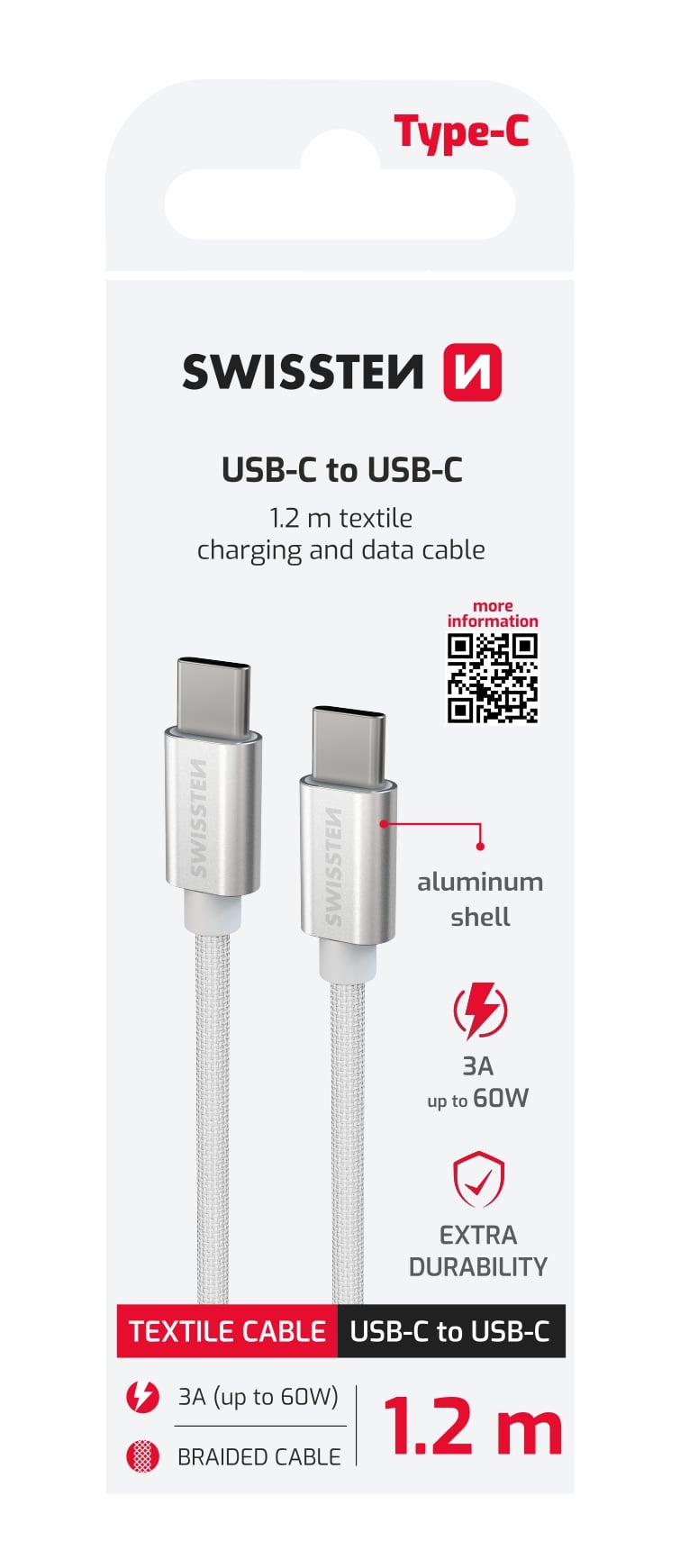 Swissten Textile kabel USB-C/USB-C 1,2 m, stříbrný