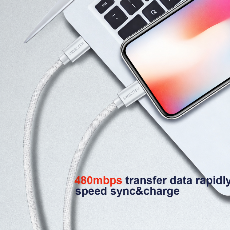 Swissten Textile kábel USB-C/USB-C 1,2 m, strieborný