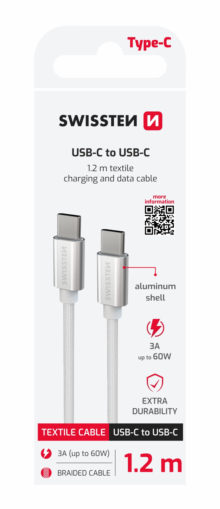 Swissten Textile kábel USB-C/USB-C 1,2 m, strieborný
