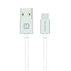 SWISSTEN Textile USB-C, datový kabel, stříbrný, 0,2 m