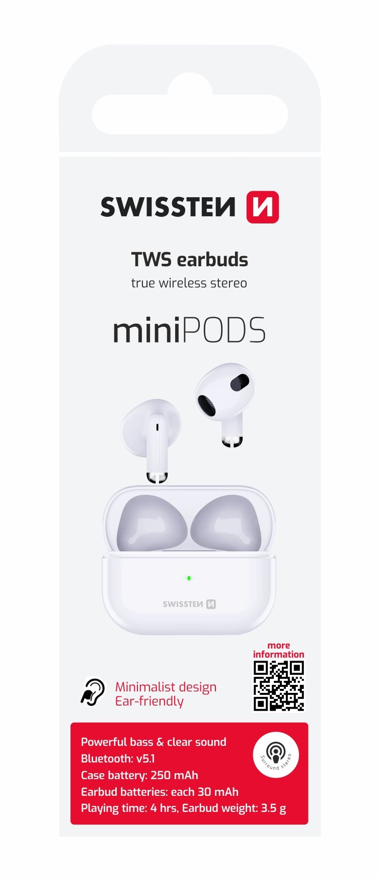 Swissten TWS sluchátka Minipods, bílá