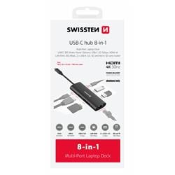 SWISSTEN USB-C HUB 8-IN-1 (USB-C 100W, HDMI 4K, LAN RJ45, 2x USB-A, 1x USB-C 5GBps, SD, MICRO SD) ALUMINIUM