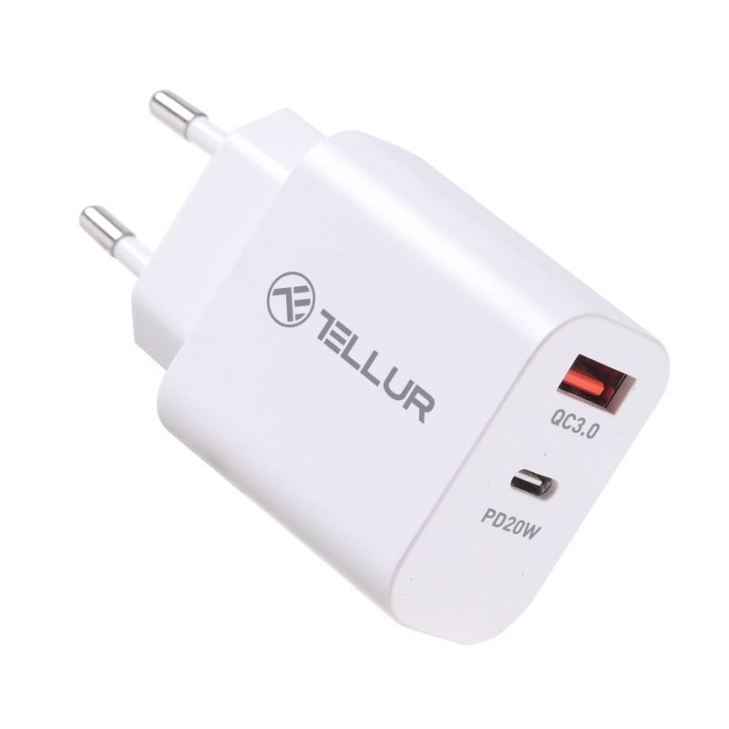 Tellur PDHC101 síťová dvouportová USB nabíječka, PD 20W + QC3.0 18W, bílá