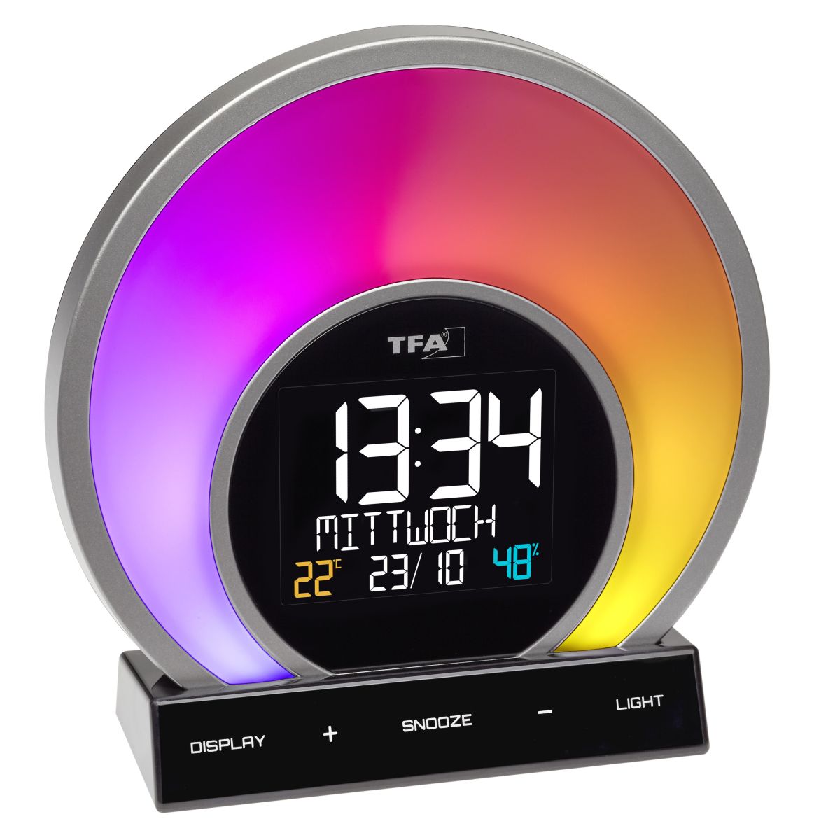 TFA Digitálny budík s farebným podsvietením, teplotou a vlhkosťou SOLUNA TFA60.2026.01