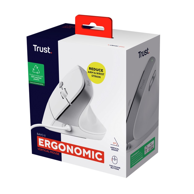 Trust Bayo II/Vertikálne/Optické/Pravoruké/2 400 DPI/Bezdrôtové USB/Biele