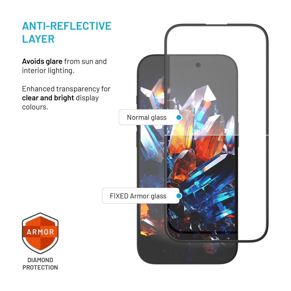 Ultraodolné tvrdené sklo FIXED Armor s aplikátorom proti prachu a vrstvou AR pre Apple iPhone 13/13Pro/14/16e, čierne