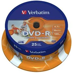 Verbatim DVD-R 4,7GB 16x Printable spindl 25 ks