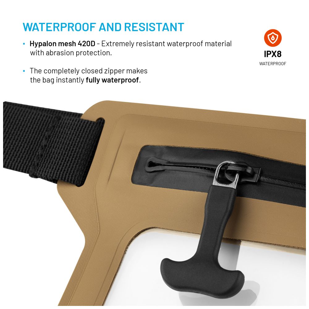 Voděodolné pouzdro FIXED Dry Belt okolo pasu z hypalonu s certifikací IPX8, khaki