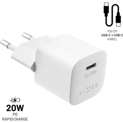 Výstupná nabíjačka FIXED Mini USB-C a sada káblov USB-C/USB-C, podpora PD, 1 meter, 20 W, biela
