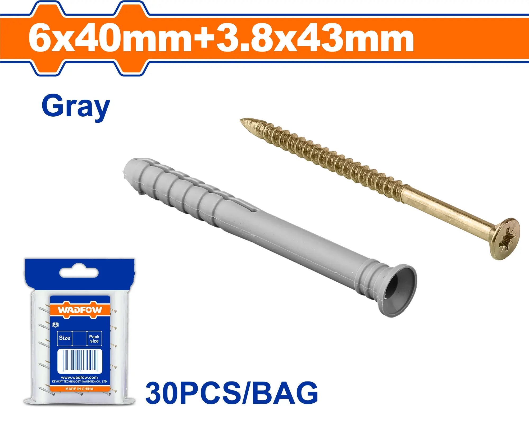 Wadfow Hmoždinka natloukací 6x40mm+vrut 3.8x43mm, sada 30 ks