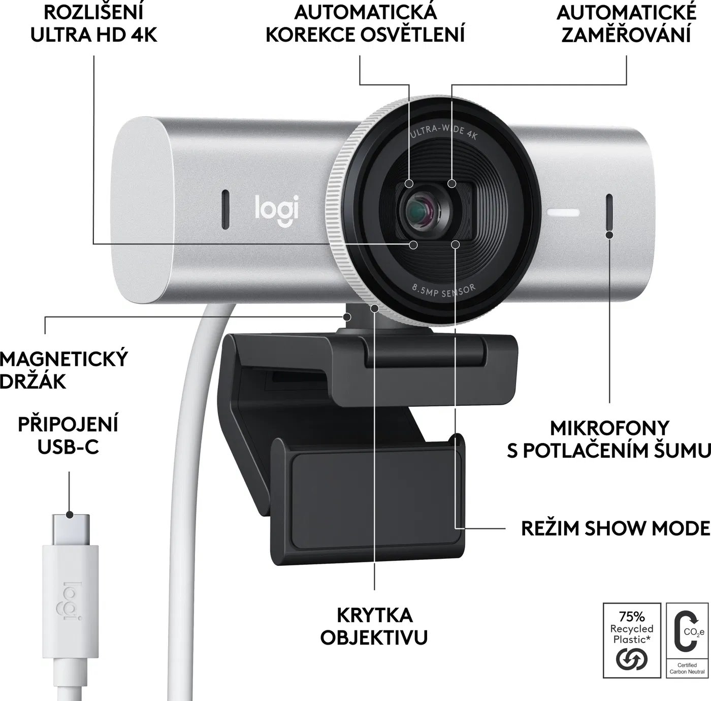 Webová kamera Logitech MX Brio 4K Ultra HD, bledosivá